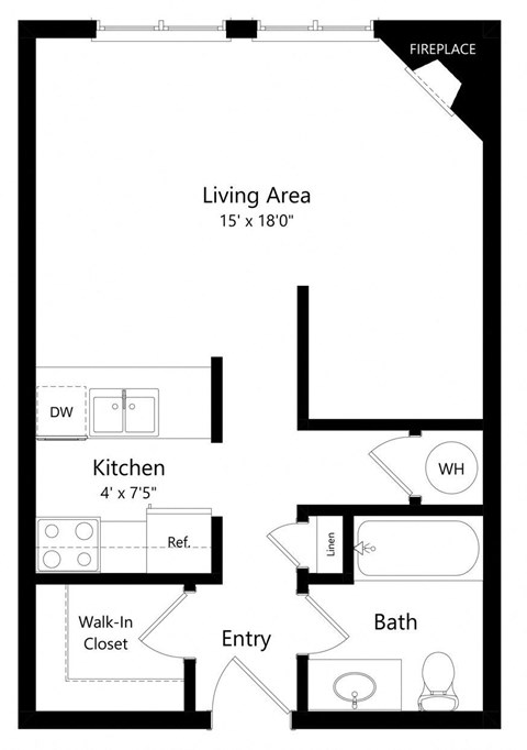 Floor plan for studio, 1 bath, 536 sqft